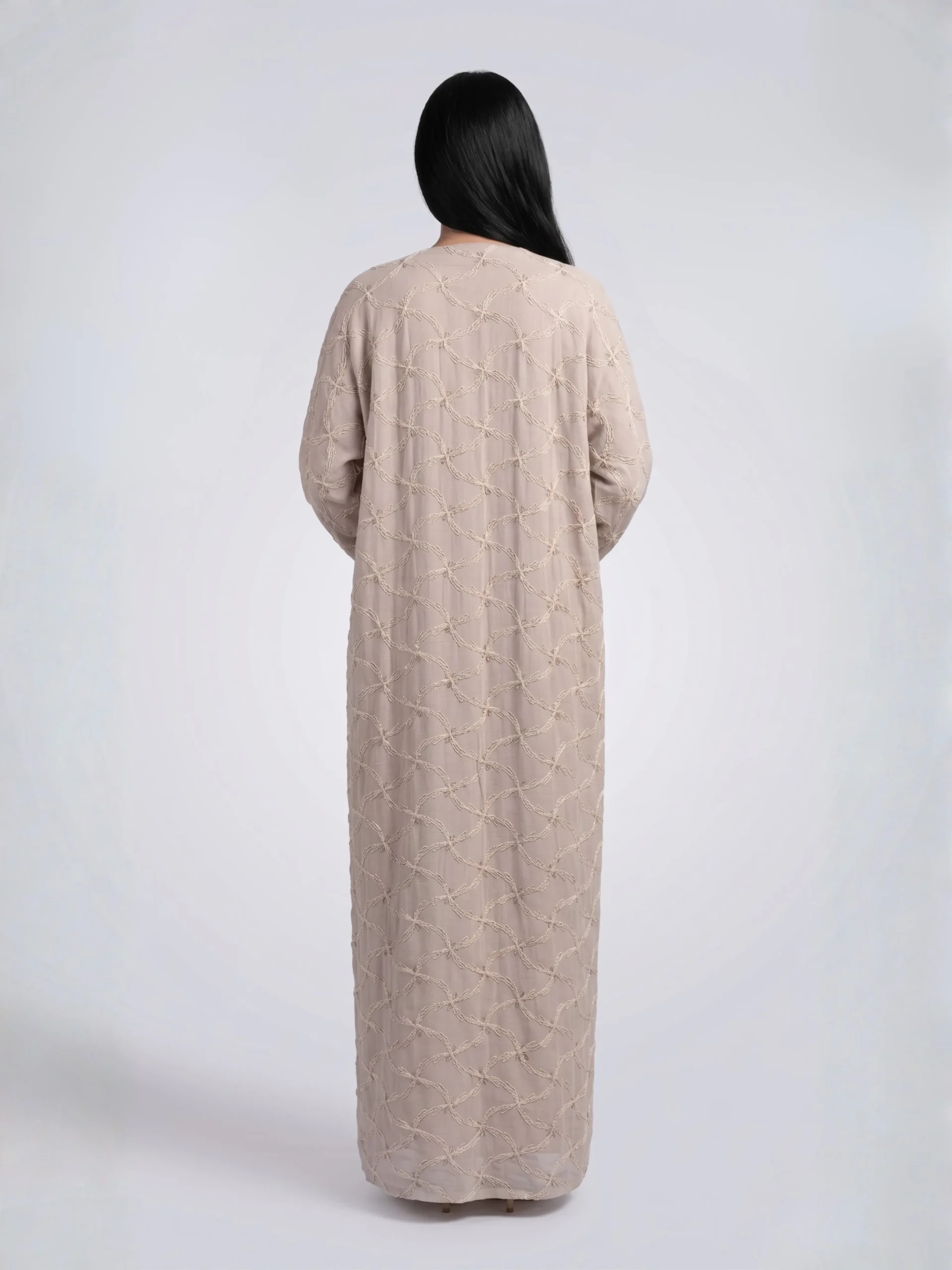 Beige Embroidered Open Abaya - Backside