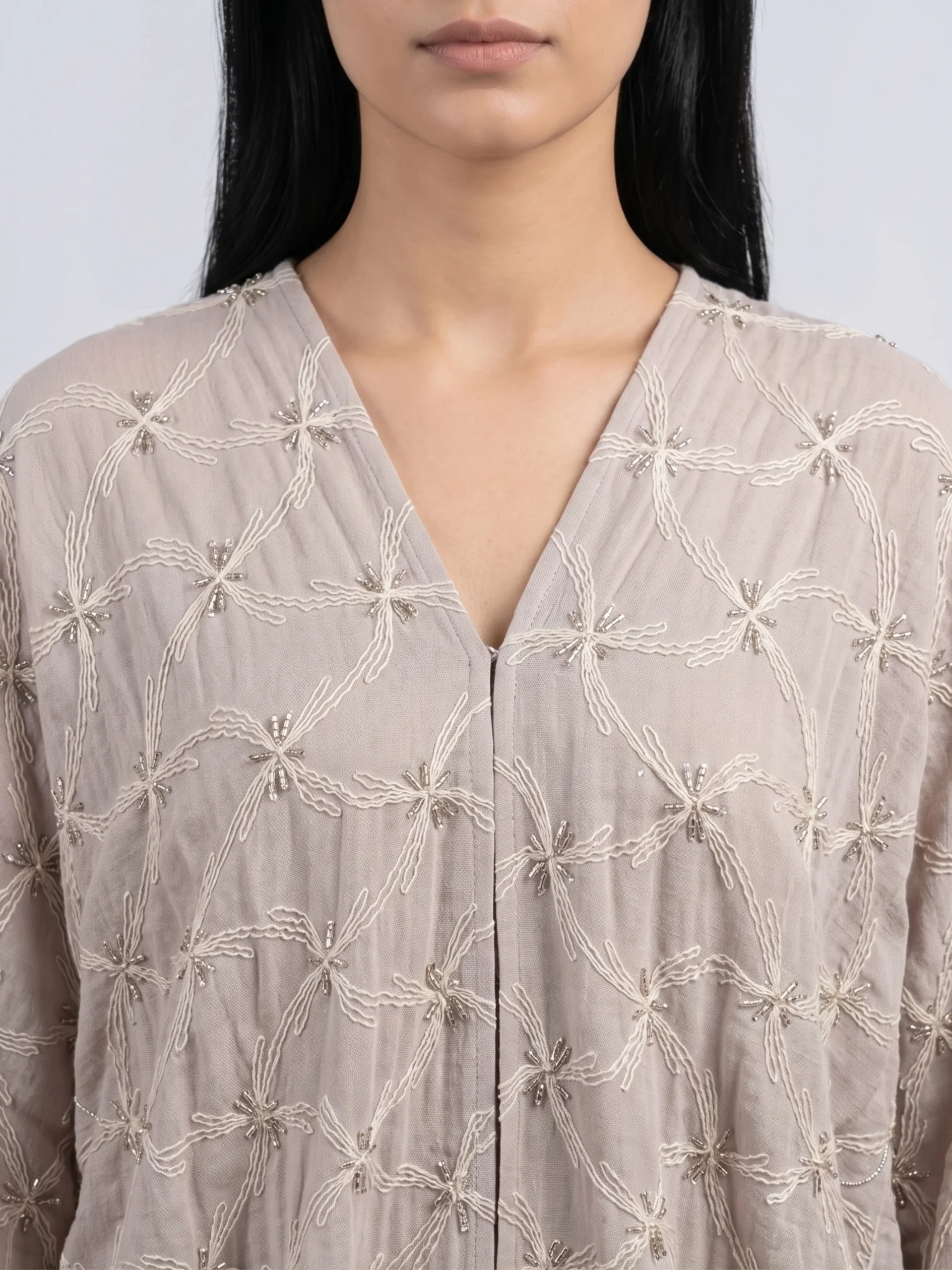 Beige Embroidered Open Abaya - Closeup