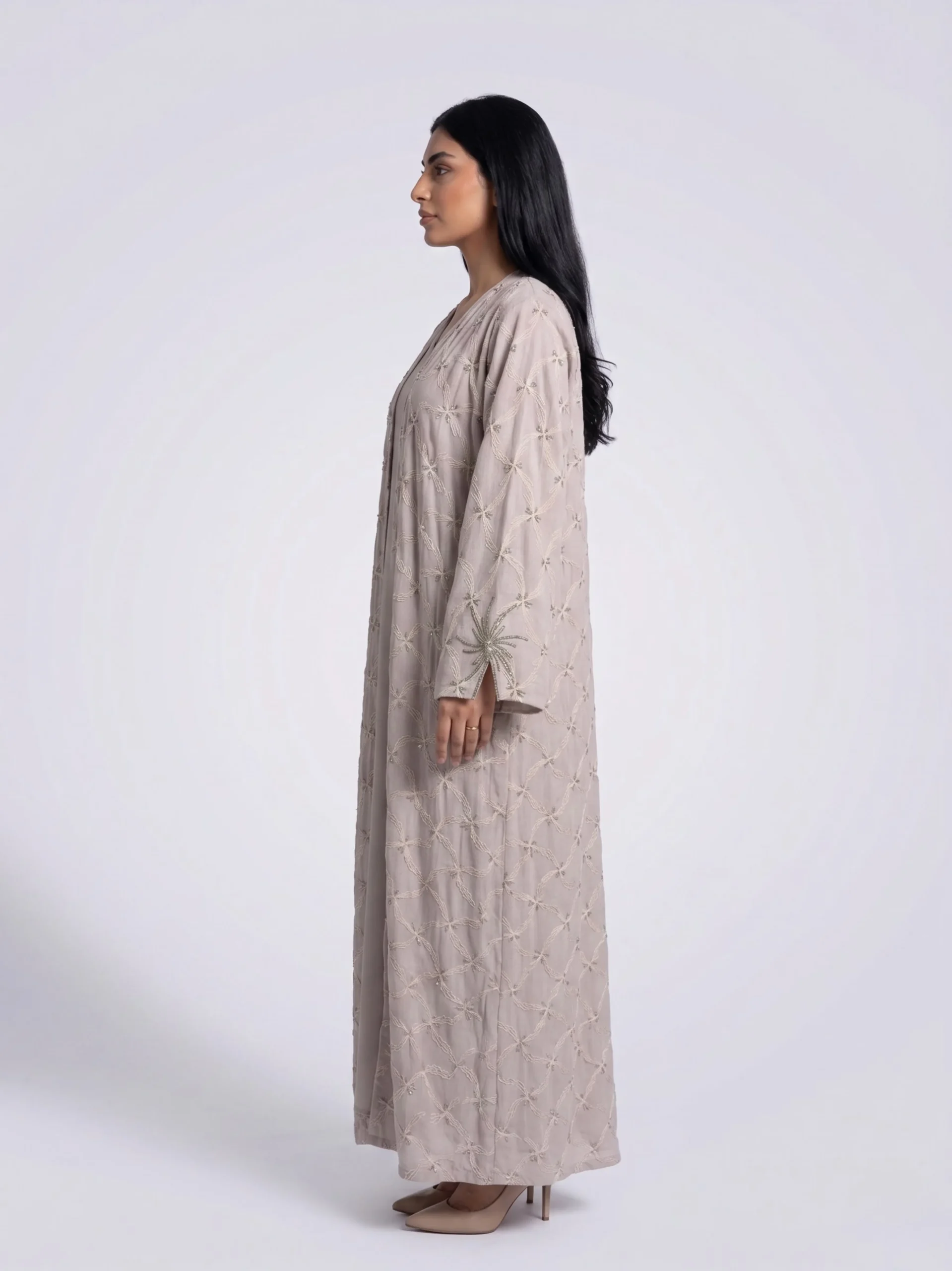 Beige Embroidered Open Abaya - Sideview