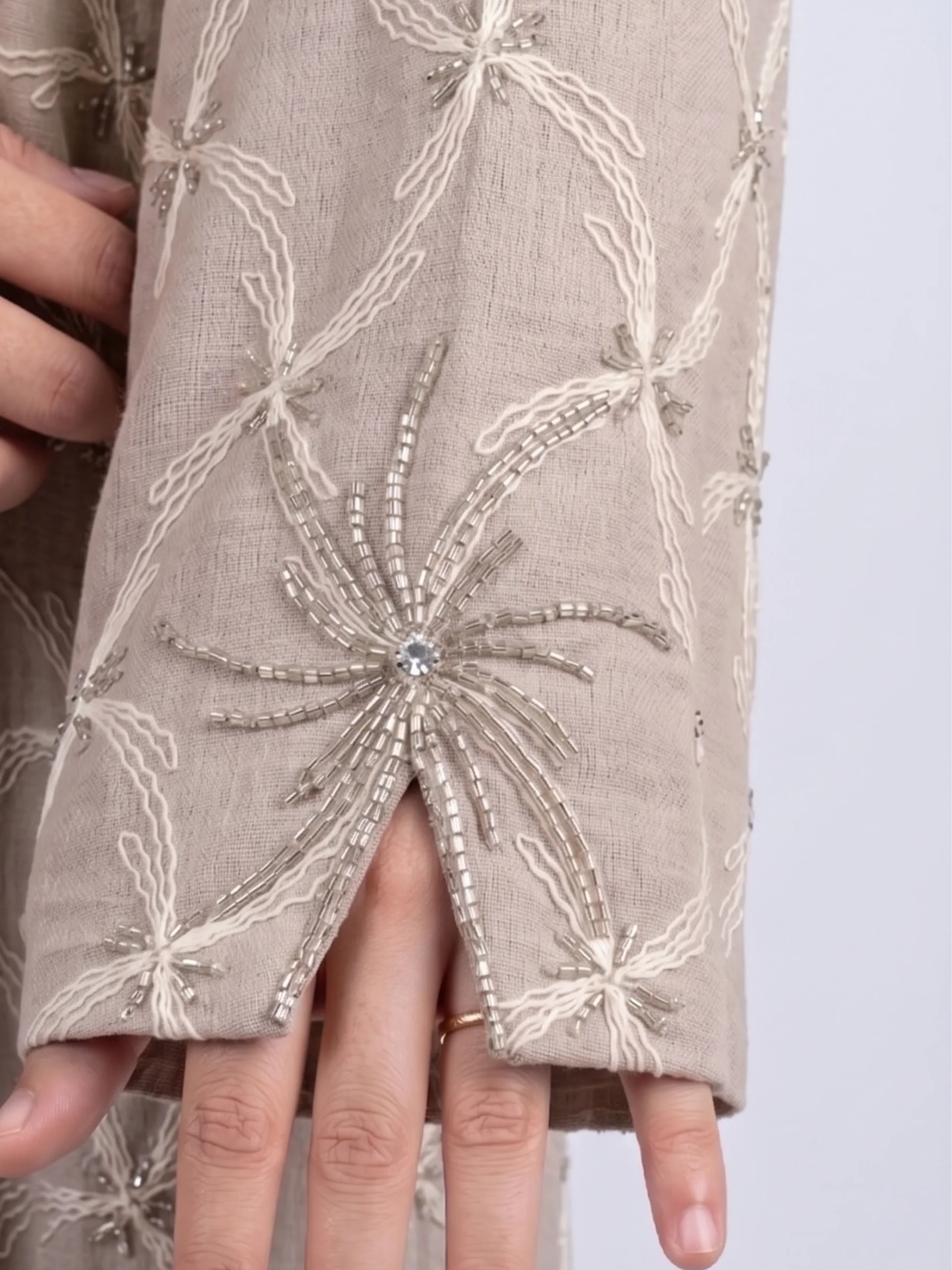 Beige Embroidered Open Abaya - Sleeves