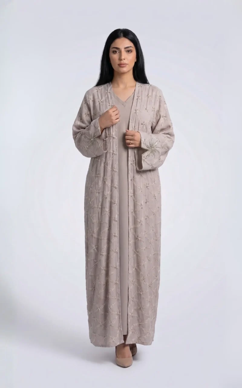 Beige Embroidered Open Abaya with Luxury Minimal Design