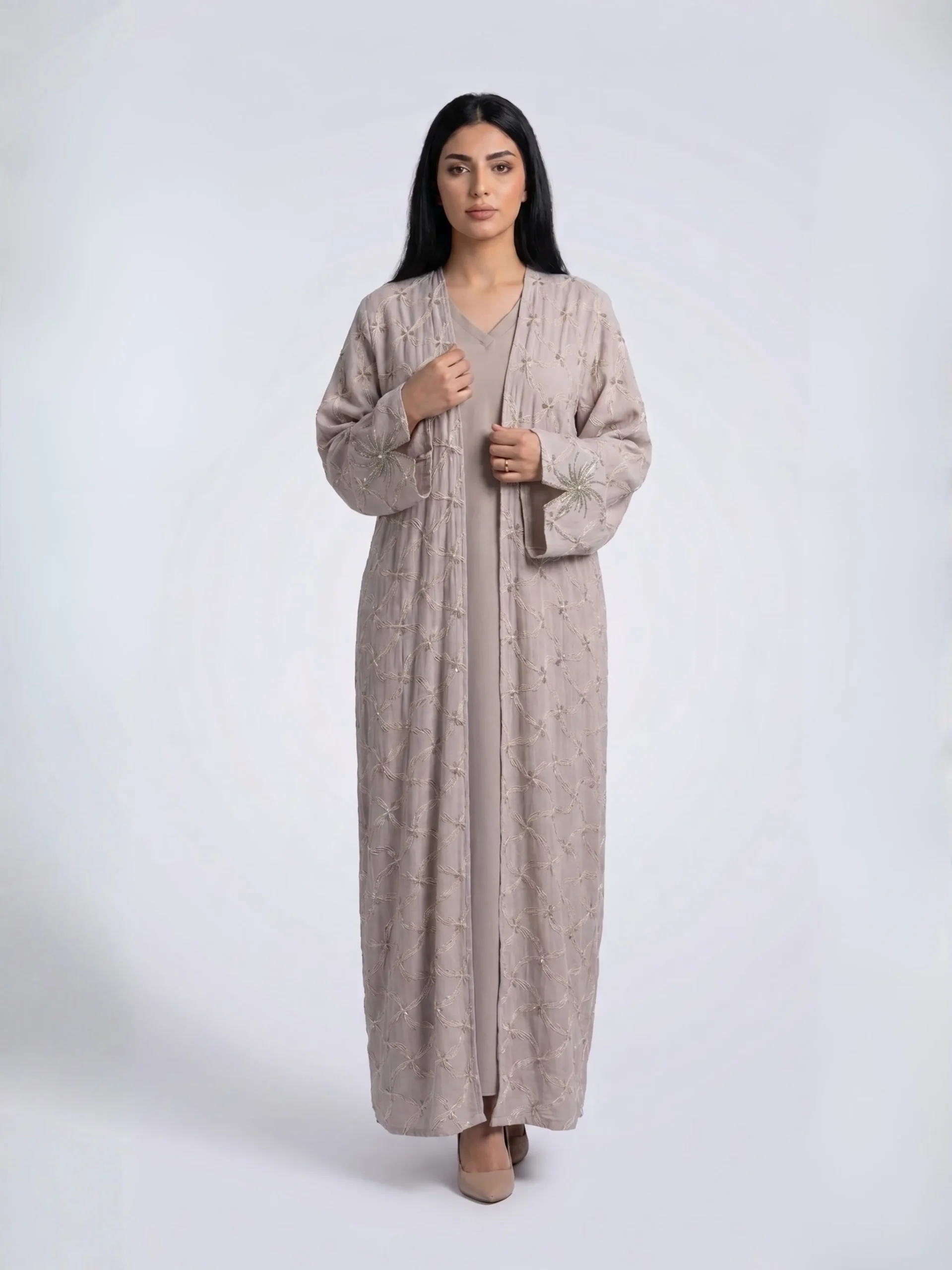 Beige Embroidered Open Abaya with Luxury Minimal Design