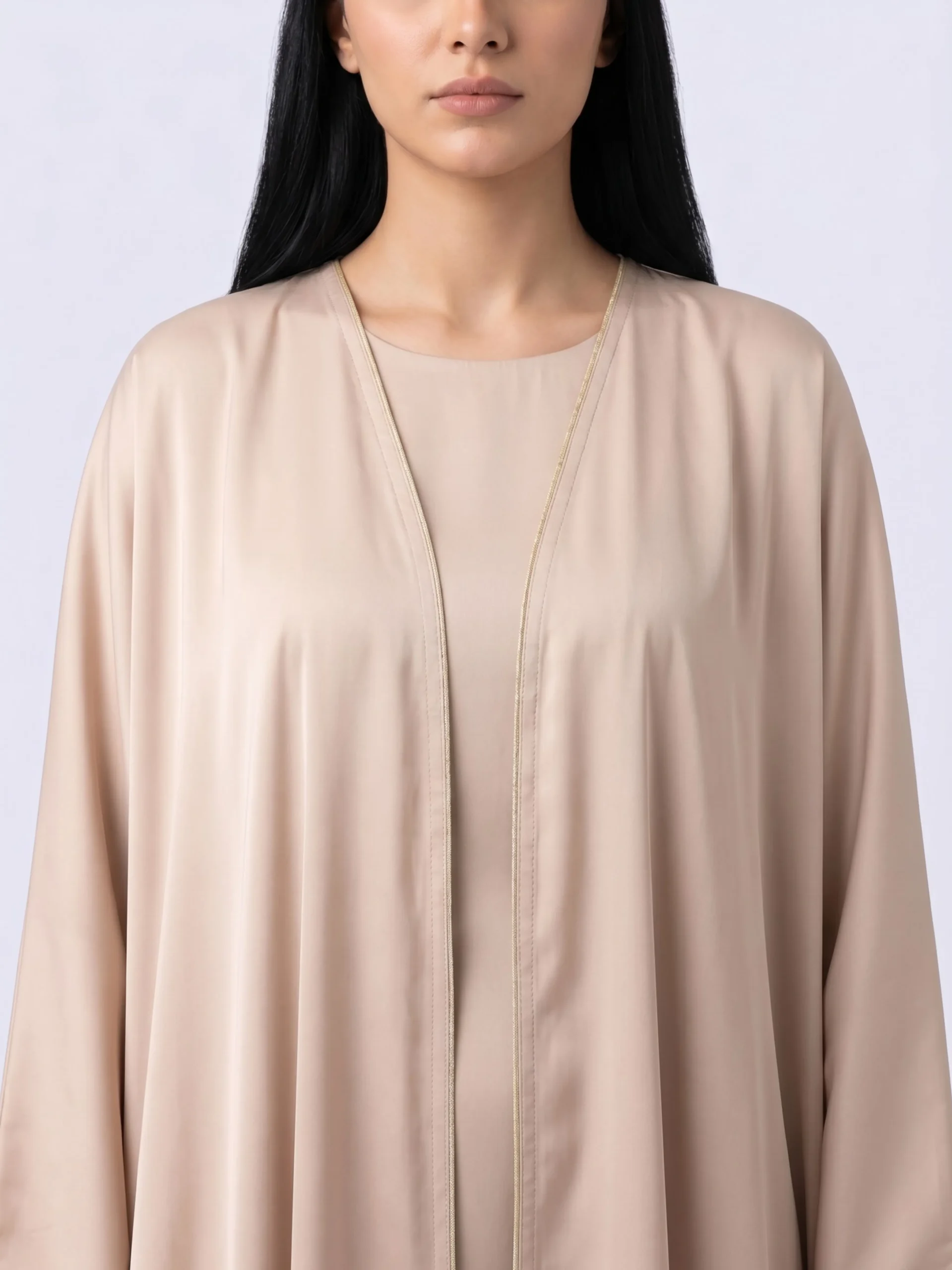 Beige Open Abaya with Gold Piping – Minimal Flow Luxury Abaya for Women in Dubai (2026)