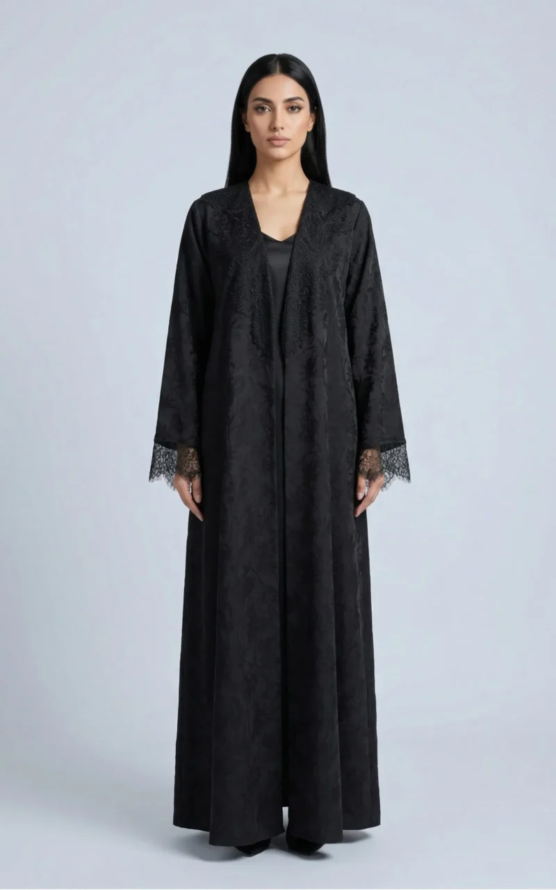 Black Brocade Open Abaya with Lace Cuffs