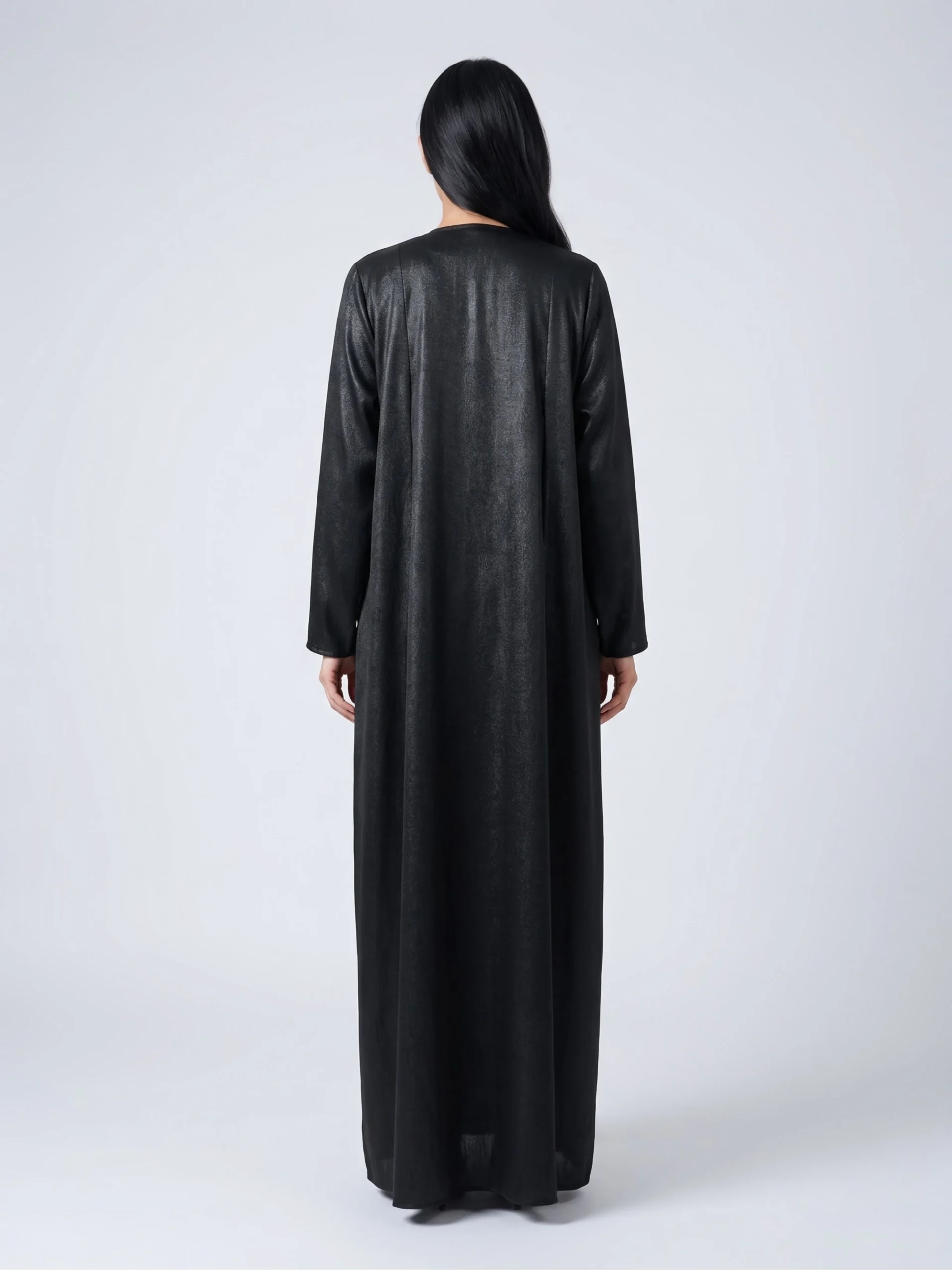 Black Textured Open Abaya with Sleeve Slit Detail - backview