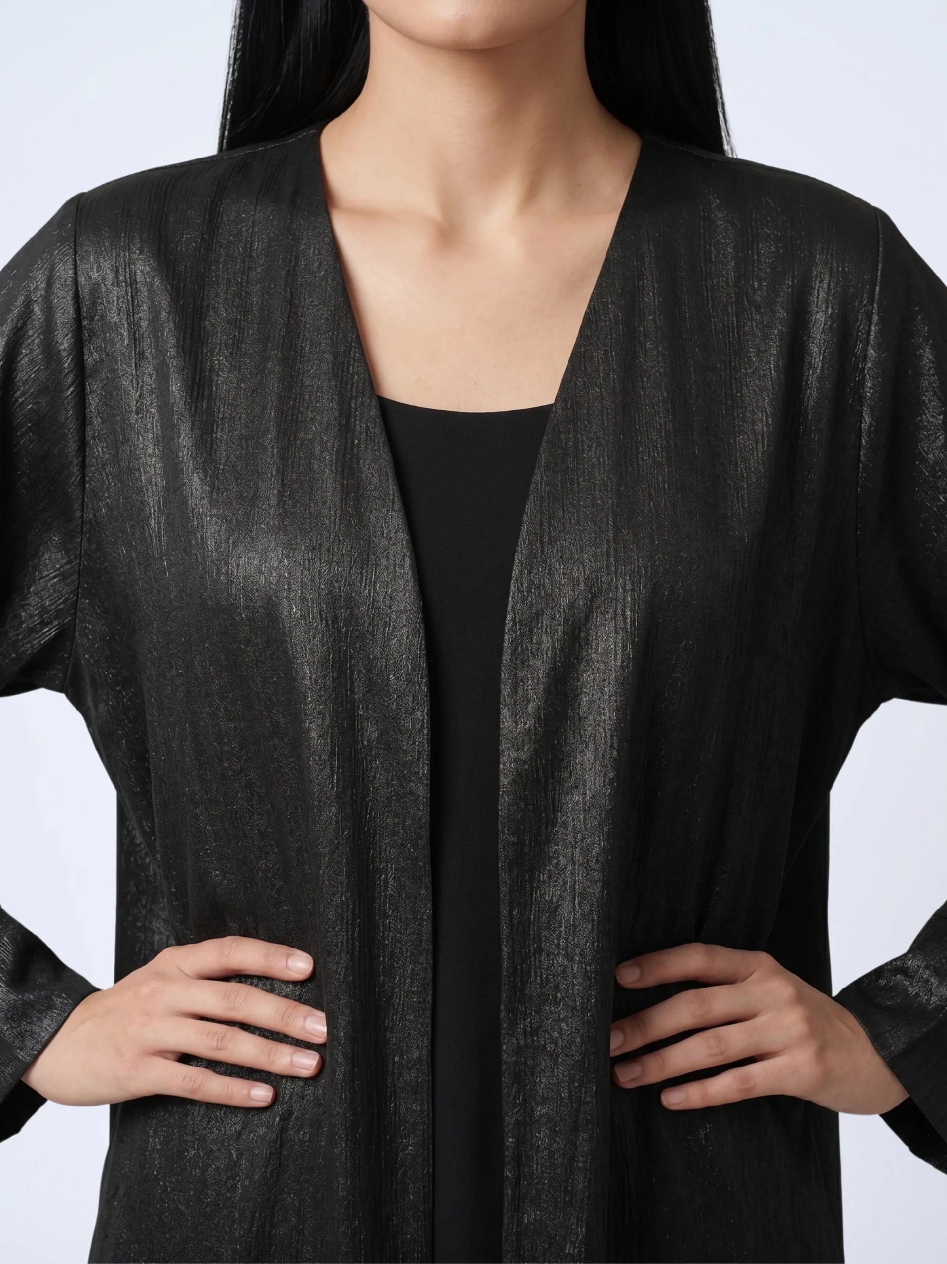 Black Textured Open Abaya with Sleeve Slit Detail - closeup