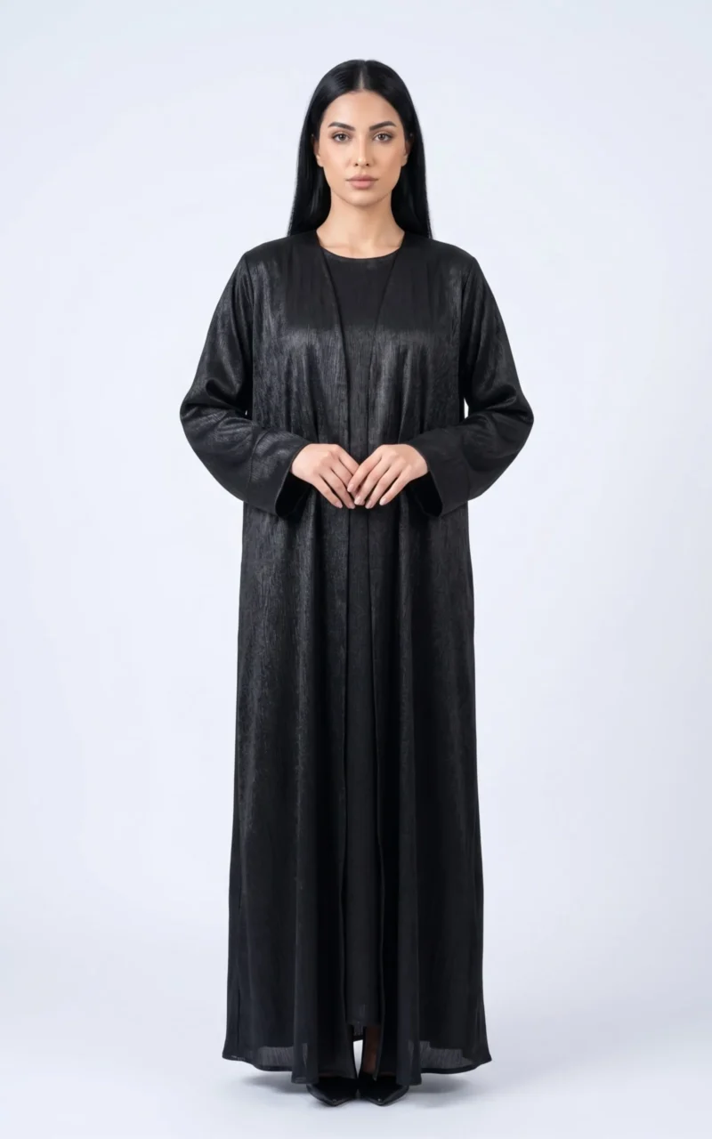 Black Textured Open Abaya with Sleeve Slit Detail