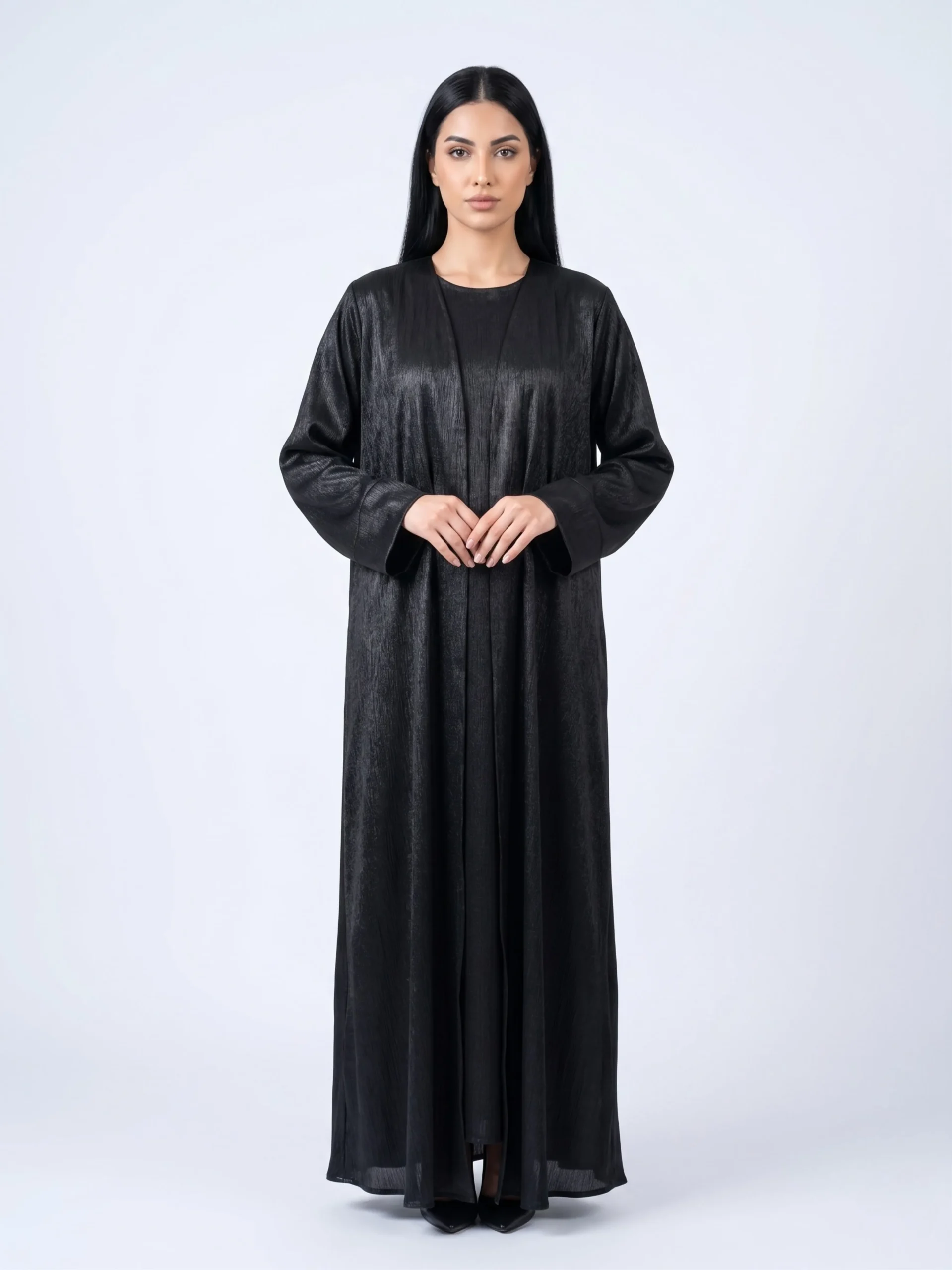 Black Textured Open Abaya with Sleeve Slit Detail