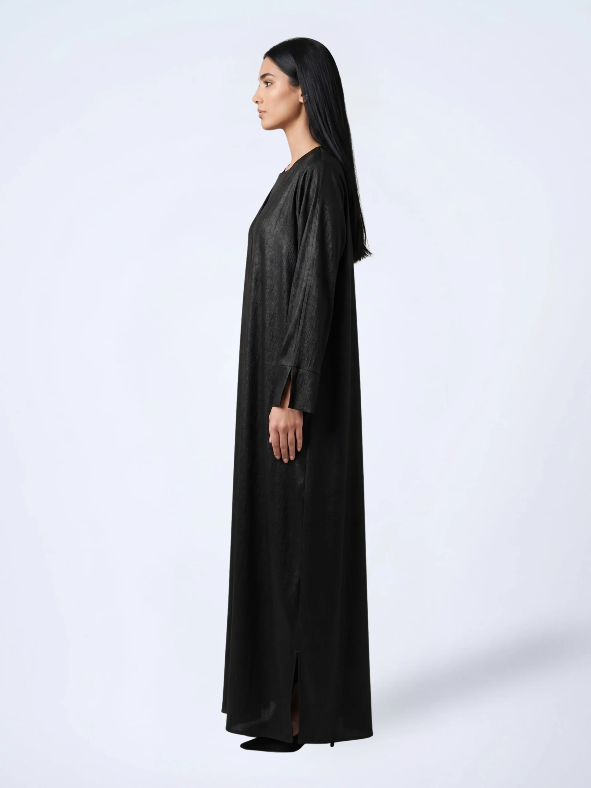 Black Textured Open Abaya with Sleeve Slit Detail - sideview
