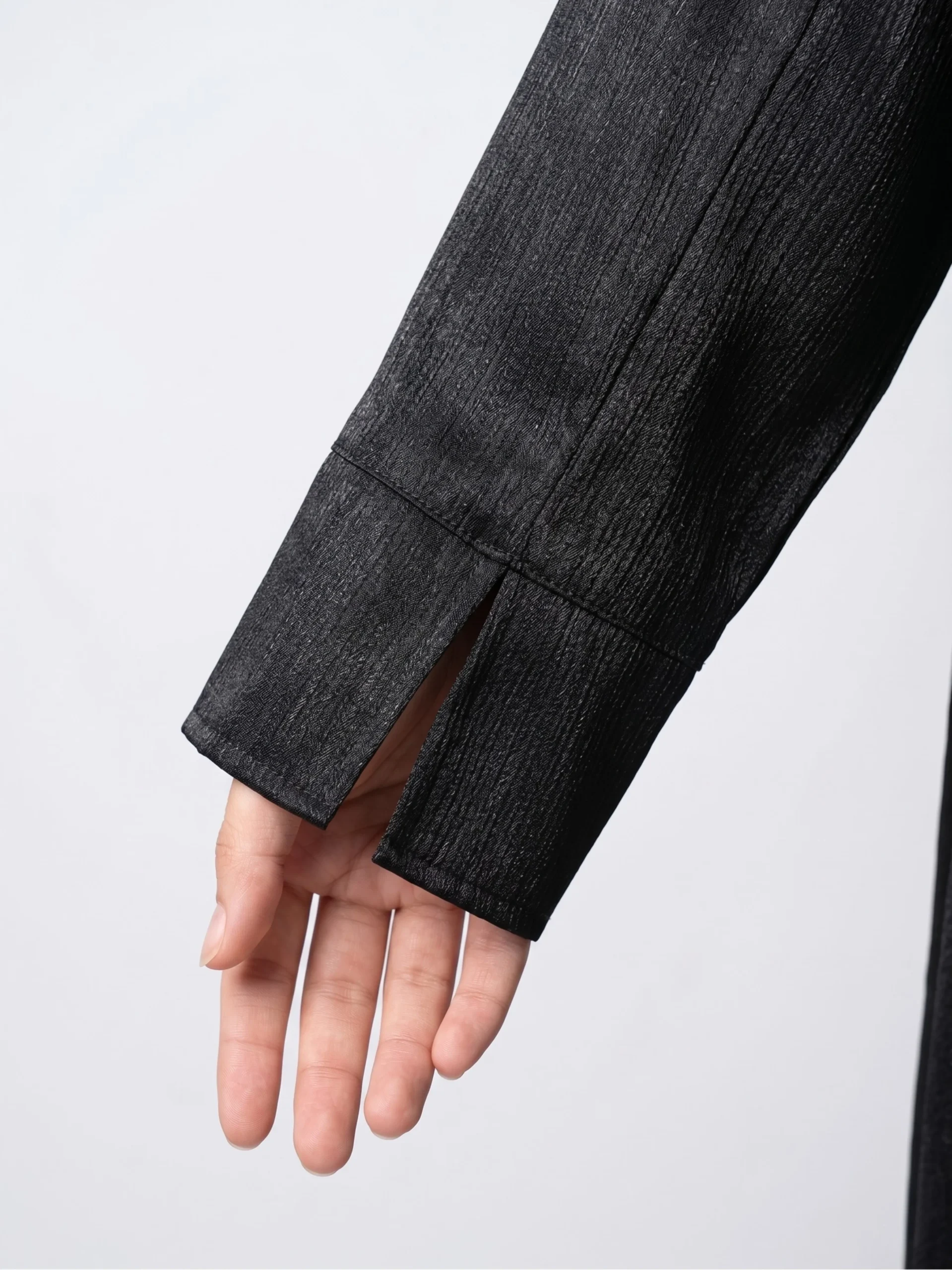 Black Textured Open Abaya with Sleeve Slit Detail - sleeves
