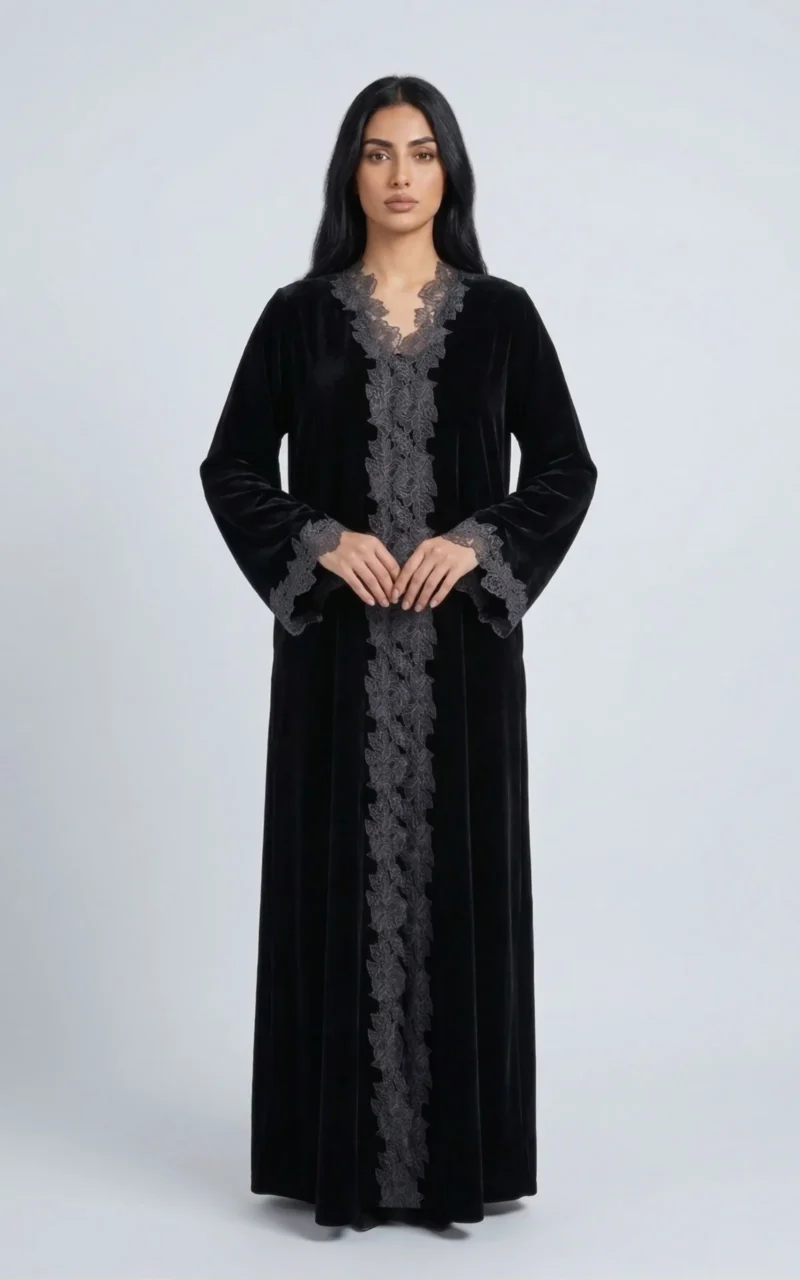 4 - Black Velvet Lace Open Abaya