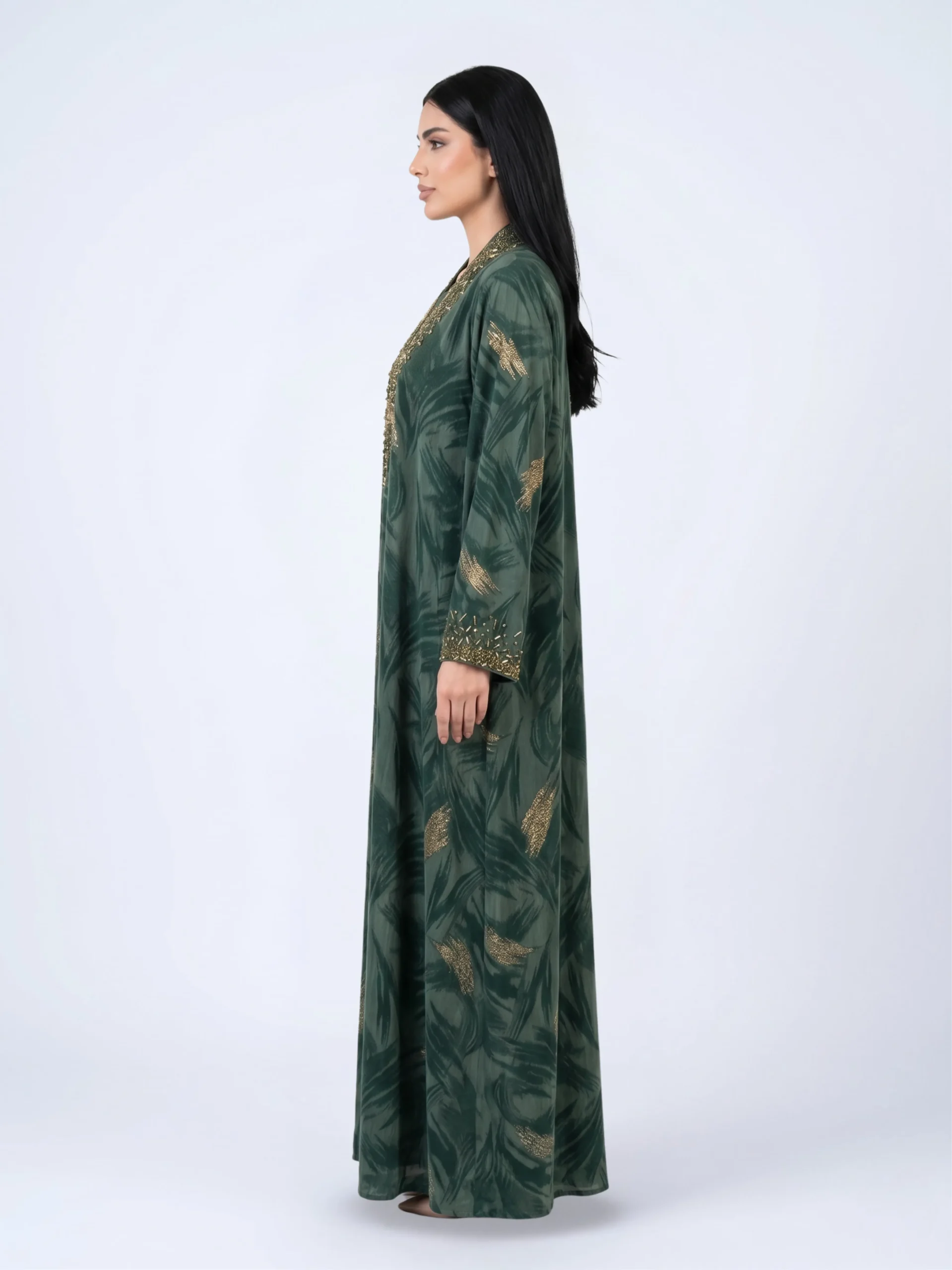 Deep green abaya sleeve with gold bead detailing
