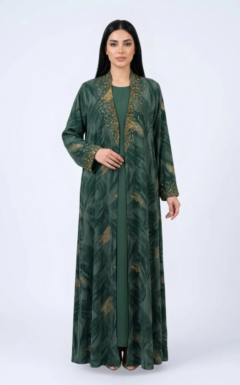Deep green open abaya with gold embellishment