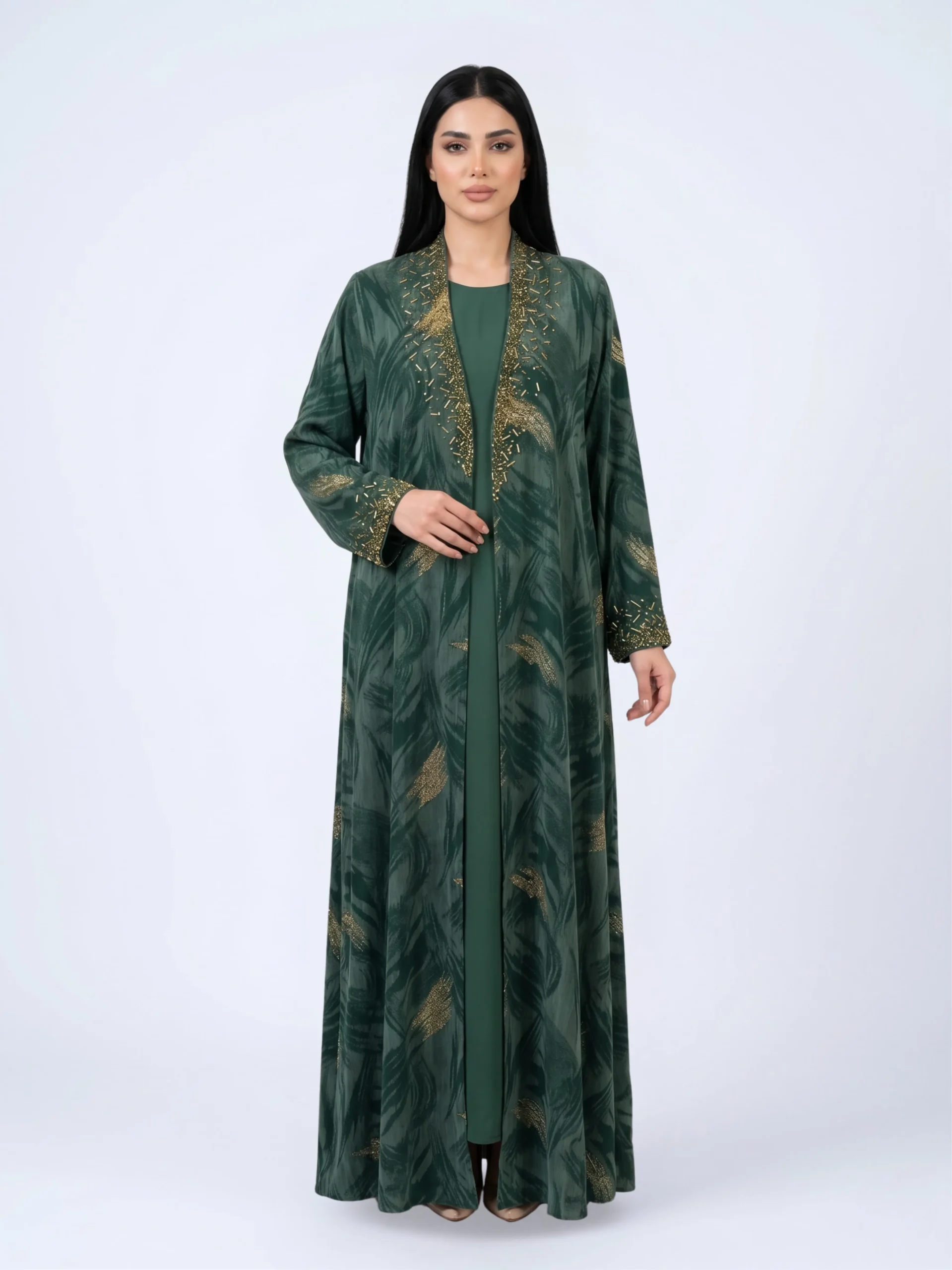 Deep green open abaya with gold embellishment