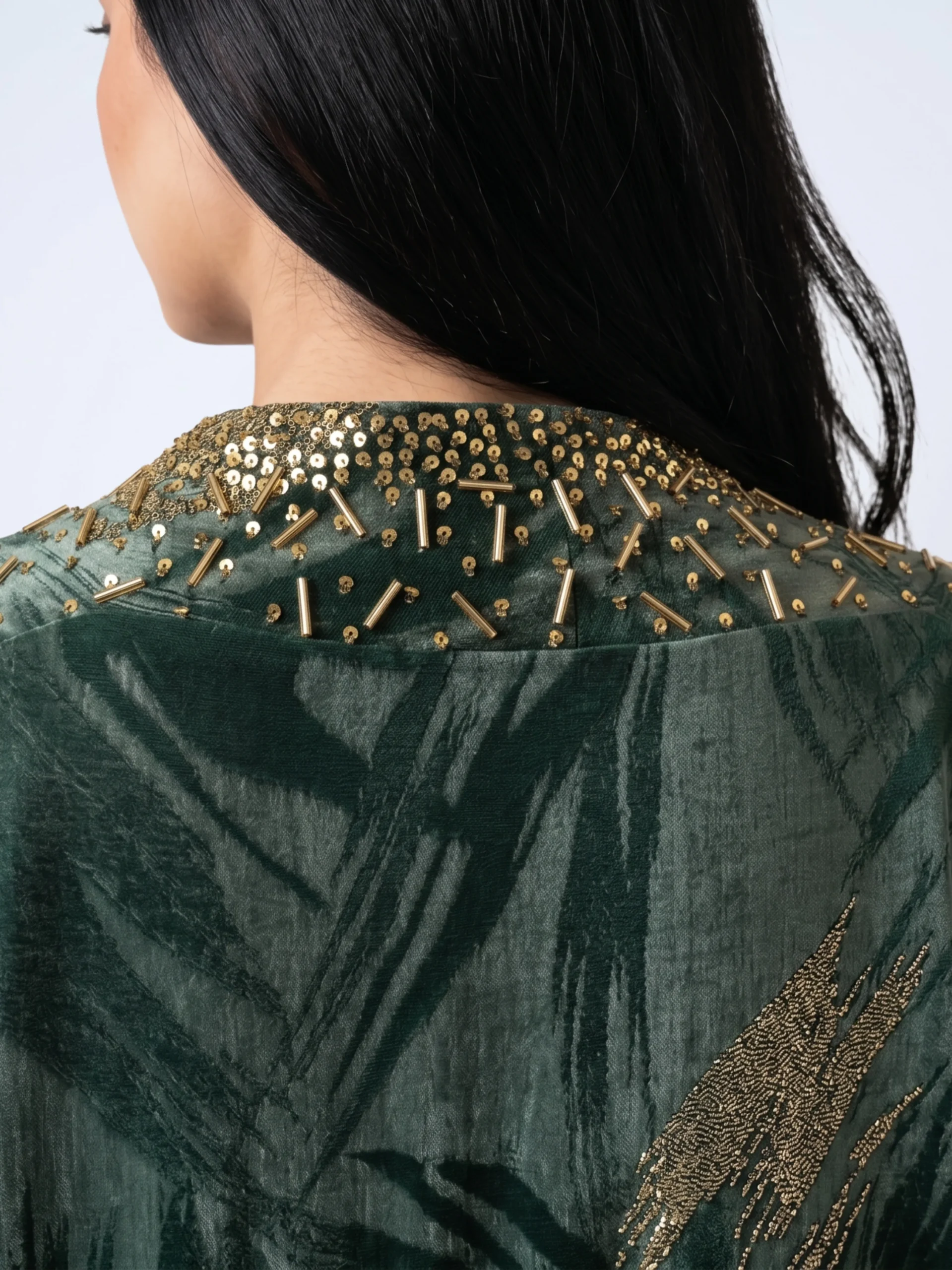 Luxury Deep green open abaya with gold embellishment Dubai