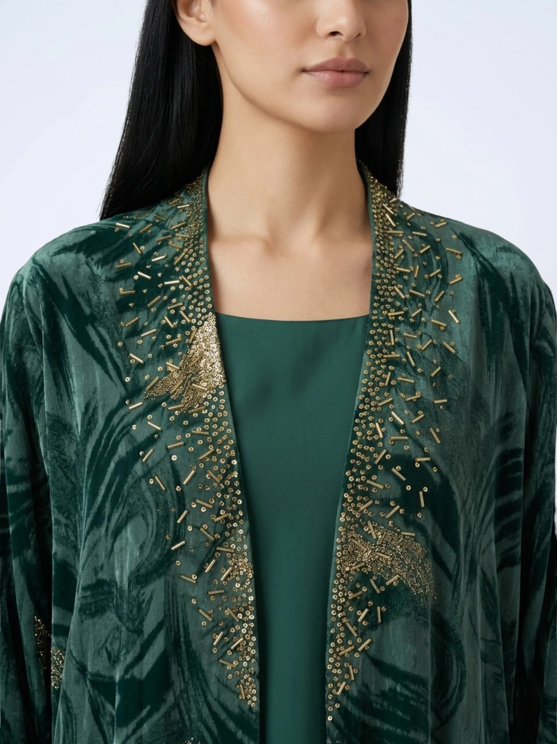 Luxury Deep green open abaya with gold embellishment