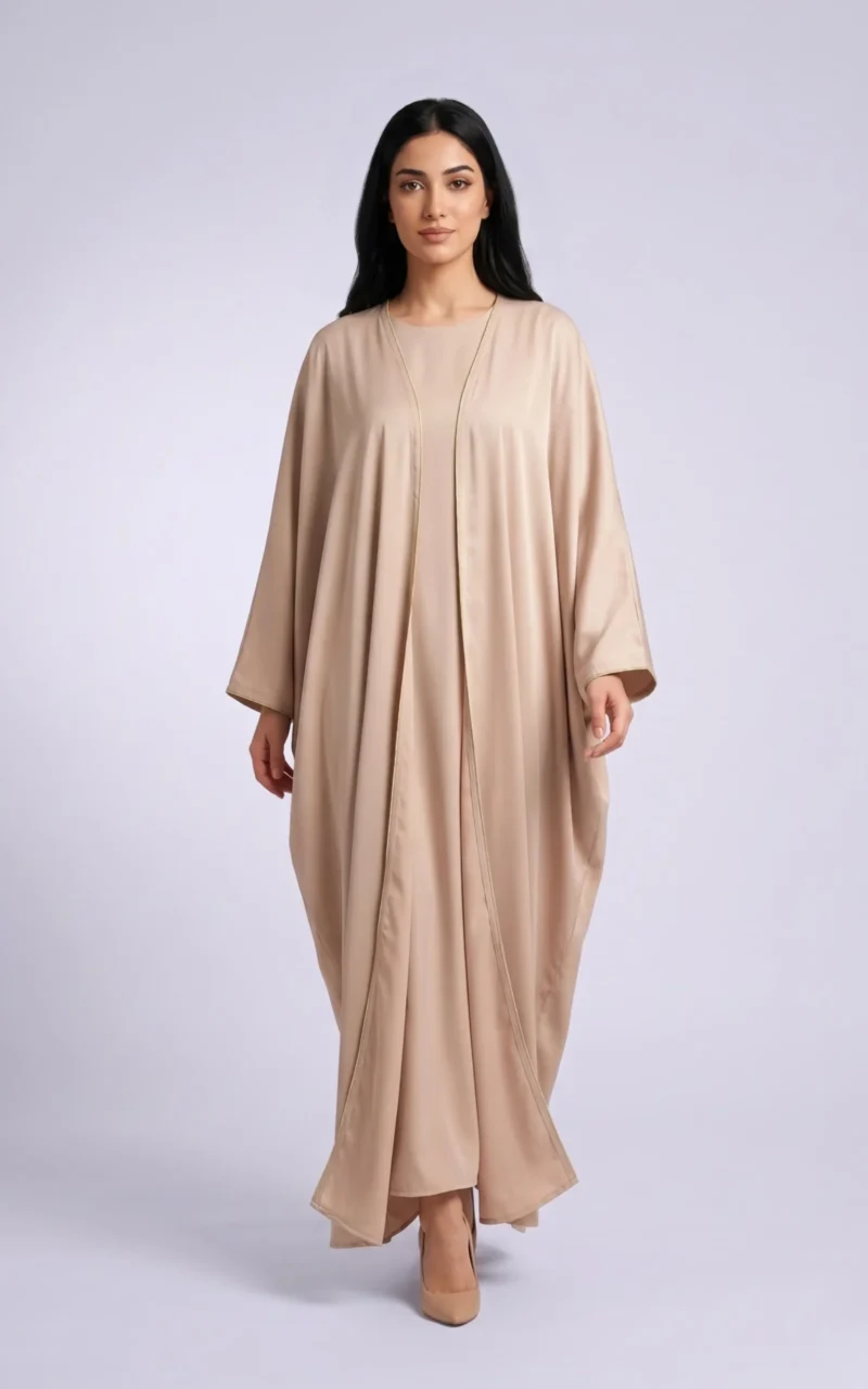 Luxury Soft Beige Open Abaya with Gold Piping in Dubai