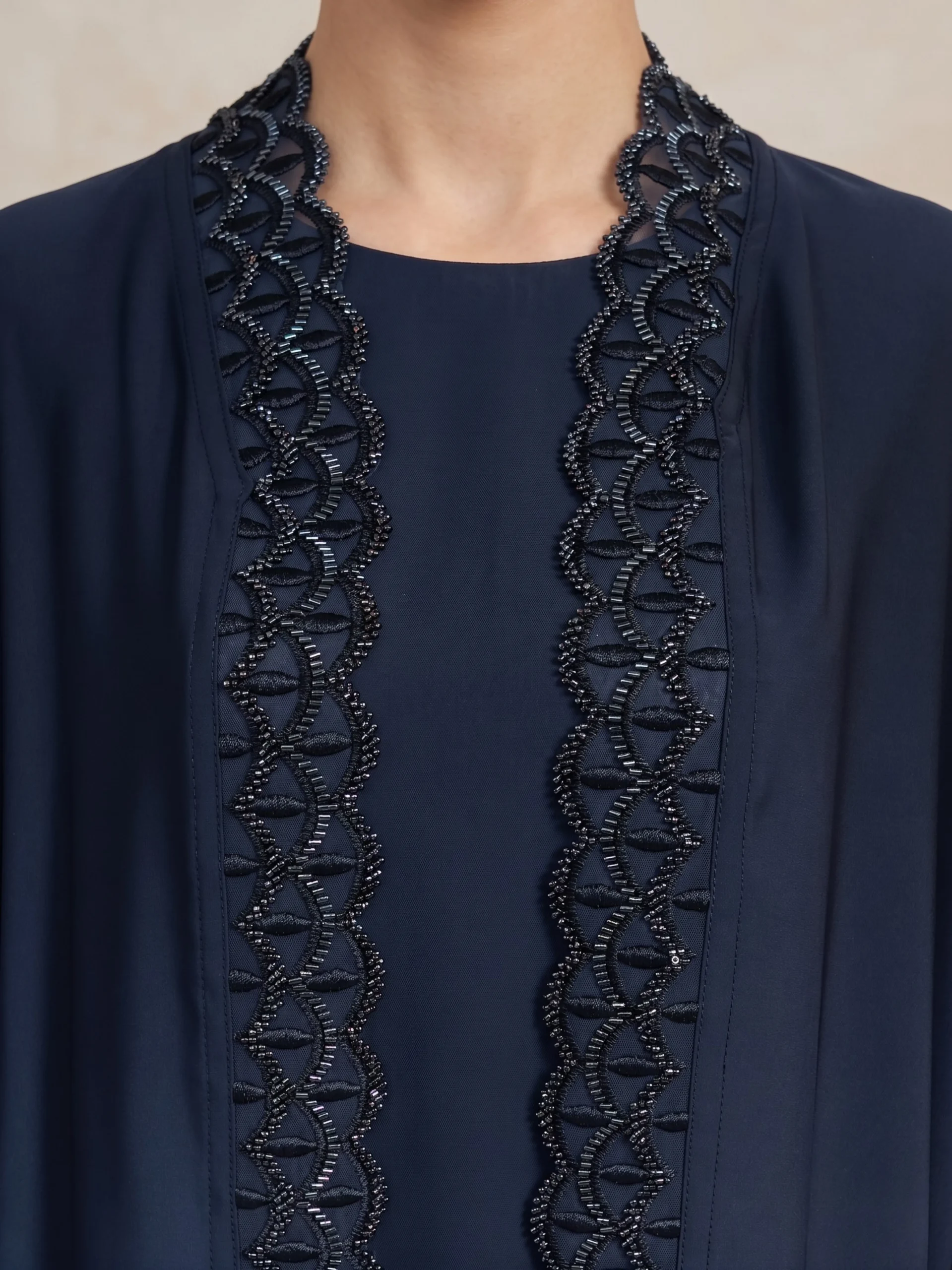 Luxury navy lace open abaya - Closeup
