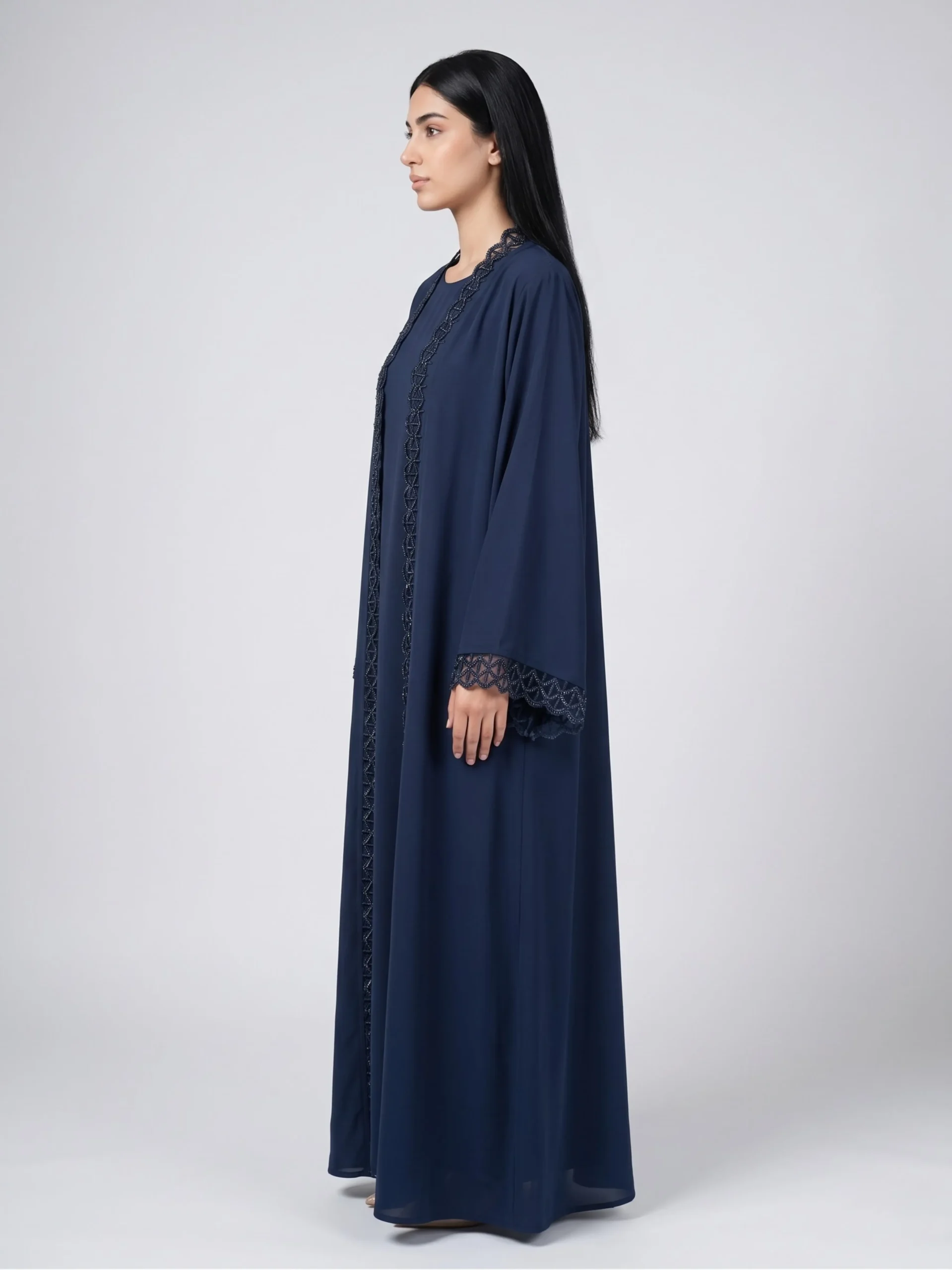 Luxury navy lace open abaya -Side View