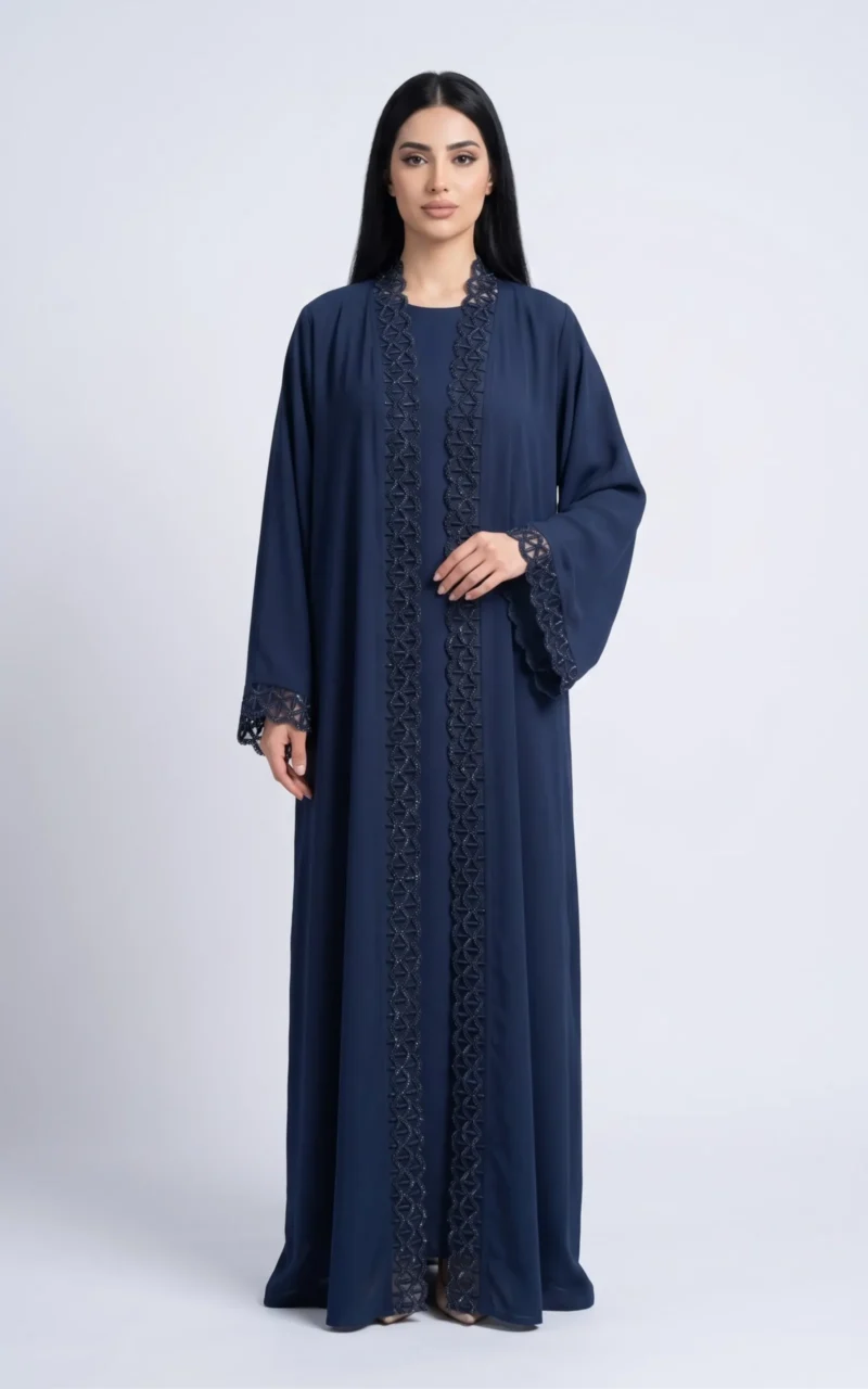 Luxury navy lace open abaya with sleeve embroidery Dubai