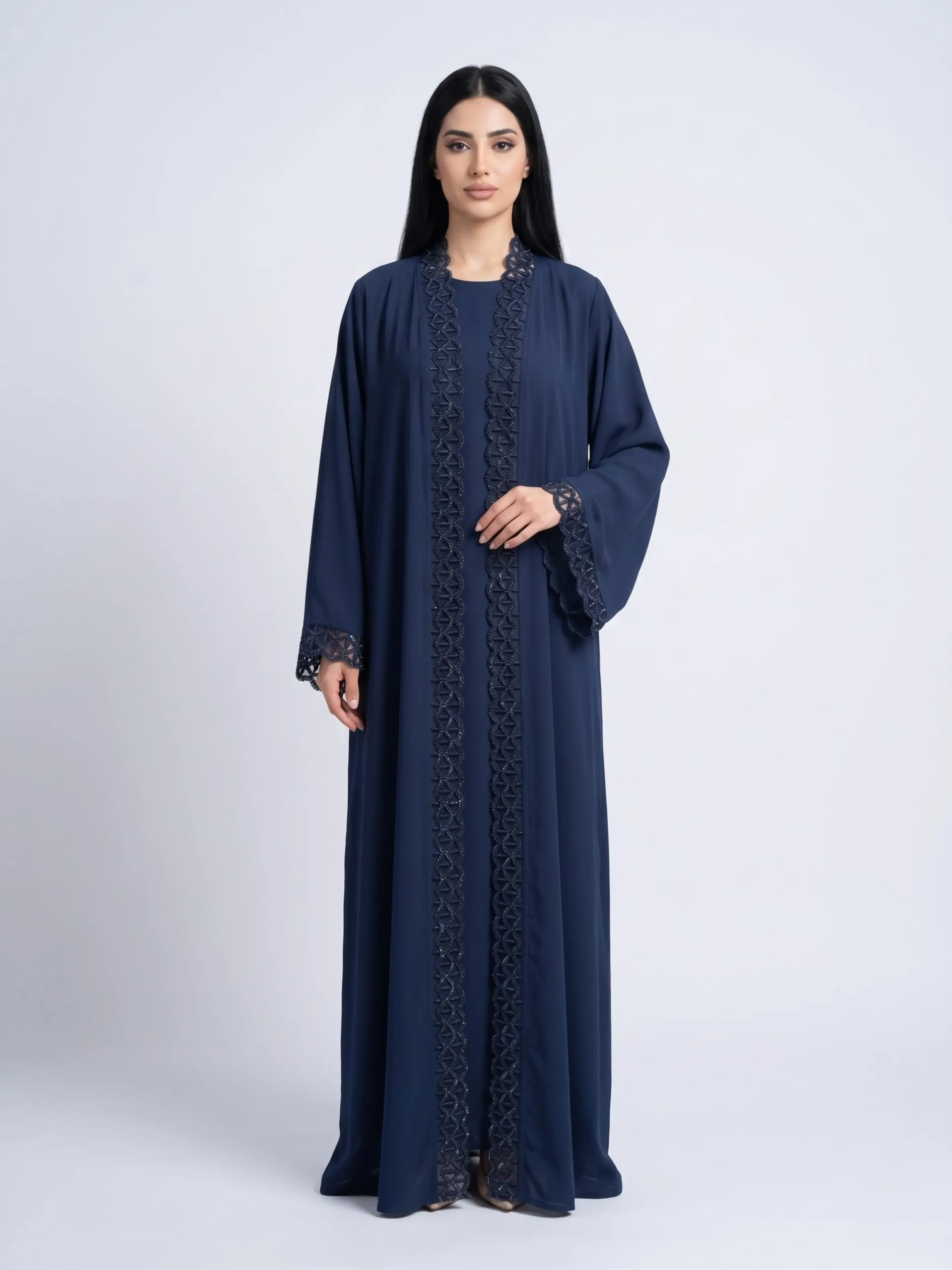 Luxury navy lace open abaya with sleeve embroidery Dubai
